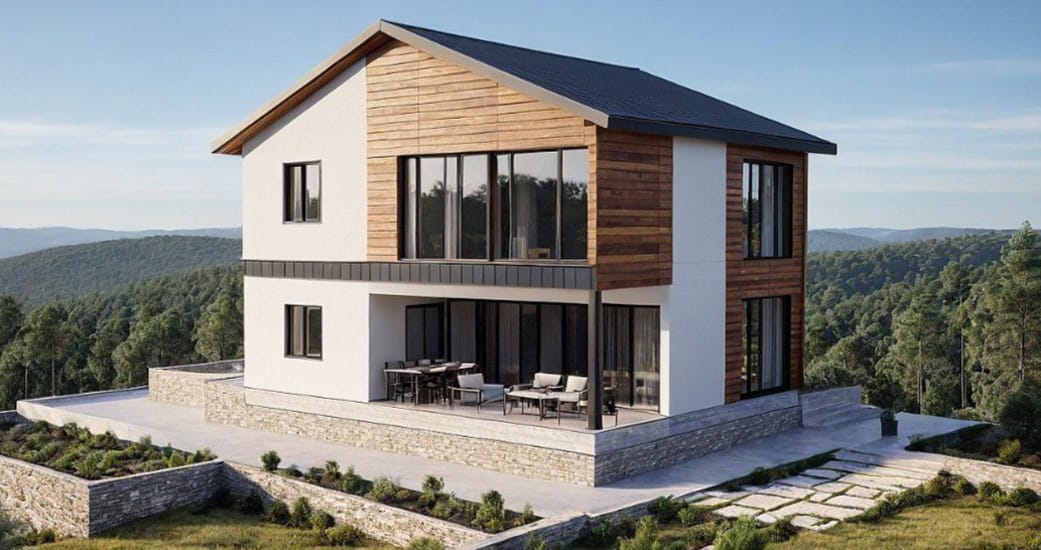 Modern mimariye sahip Evo Prime 170 tipi müstakil evin dış cephe görünümü